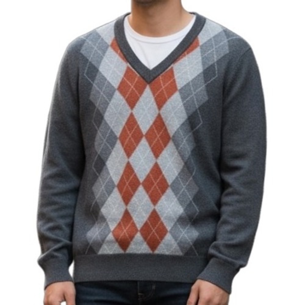 Banana Republic Merino Wool Argyle V-Neck Sweater Gray‎ Orange Men's L